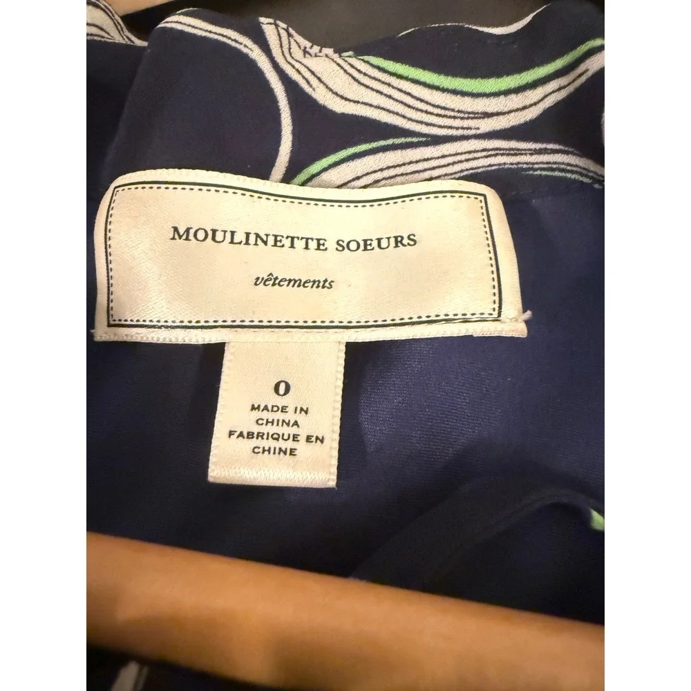 Moulinette Soeurs Dress Women 0 Navy Blue Geometric Circle Ruffle Tie Neck Shift